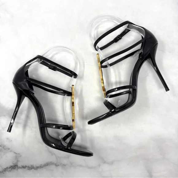 Saint Laurent YSL Cassandra Patent Leather Strappy Sandal Heels Black Gold 36.5 - Picture 8 of 16